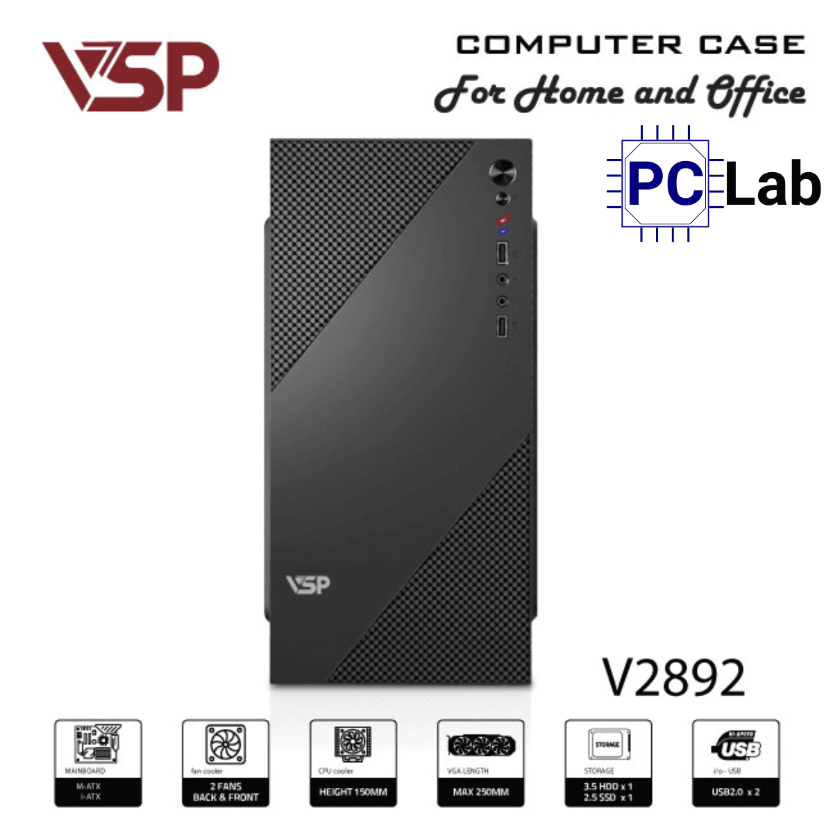 Vỏ case PC máy tính VSP V2892 (M-ATX, Mid Tower, Đen)