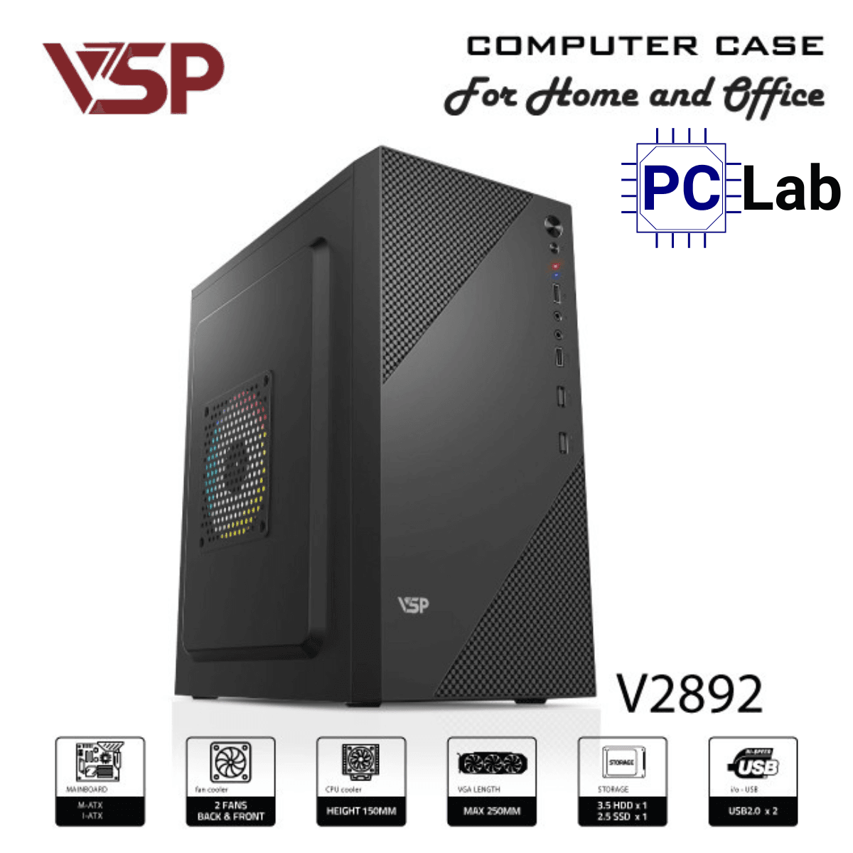 Vỏ case PC máy tính VSP V2892 (M-ATX, Mid Tower, Đen)