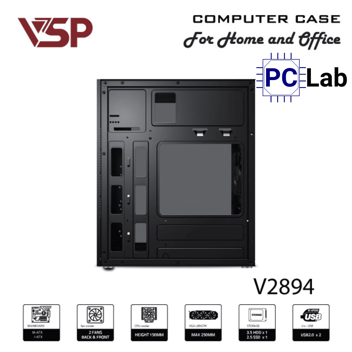 Vỏ case PC máy tính VSP V2894 (M-ATX, Mid Tower, Đen)