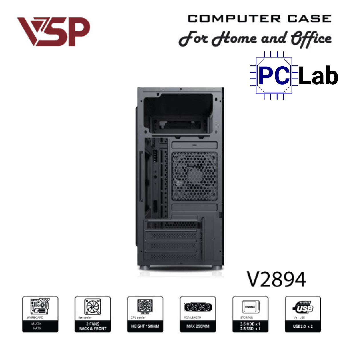 Vỏ case PC máy tính VSP V2894 (M-ATX, Mid Tower, Đen)