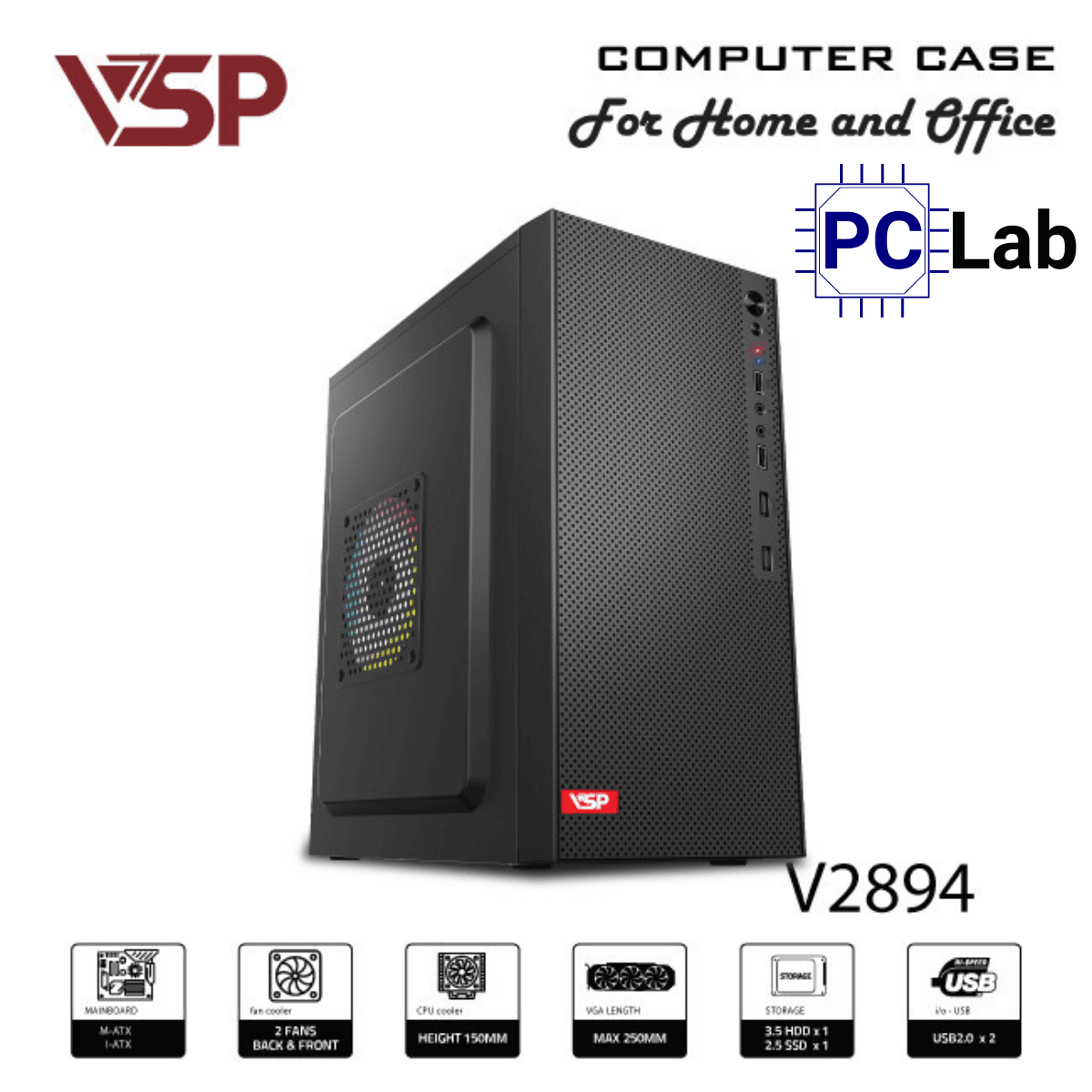 Vỏ case PC máy tính VSP V2894 (M-ATX, Mid Tower, Đen)