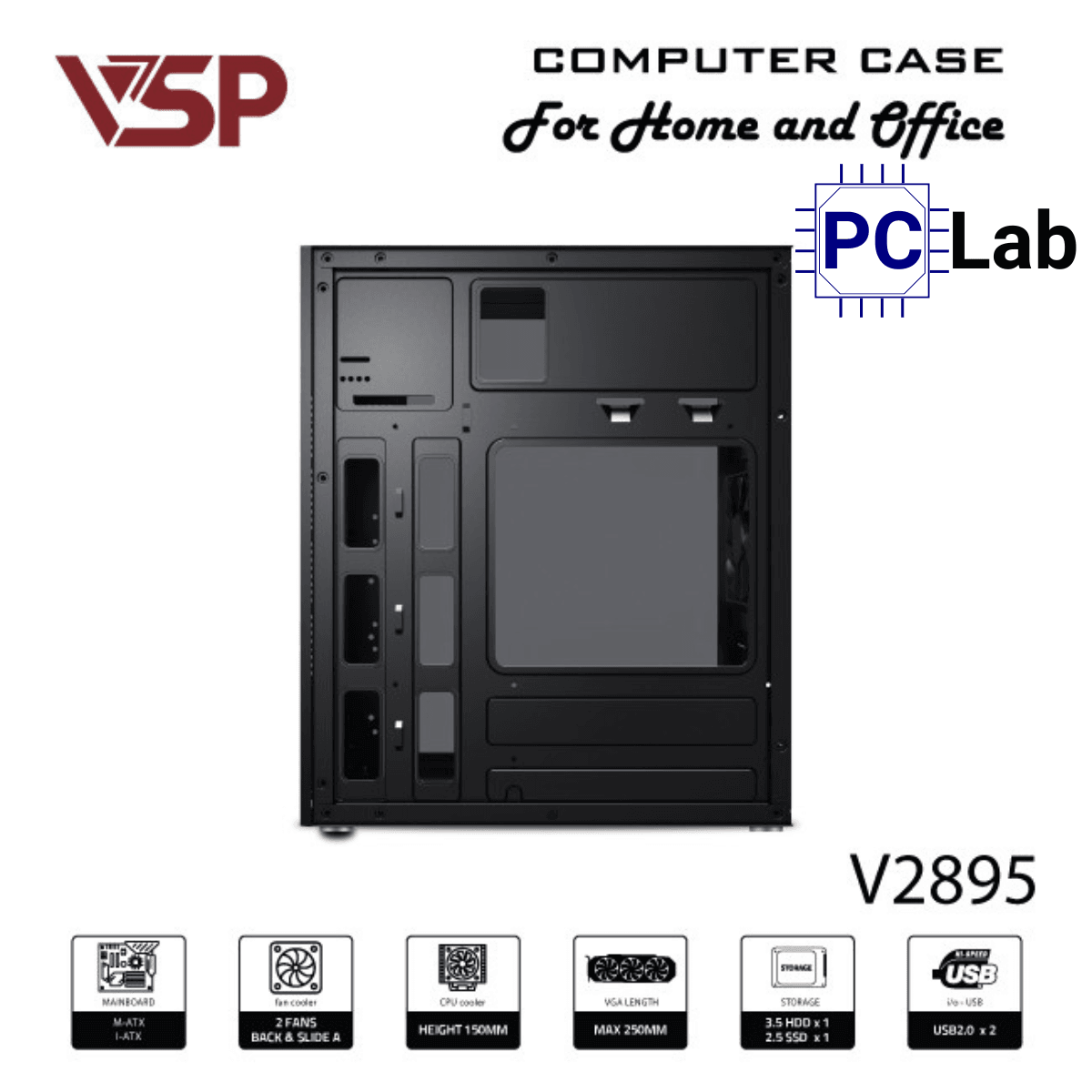 Vỏ case PC máy tính VSP V2895 (M-ATX, Mid Tower, Đen)