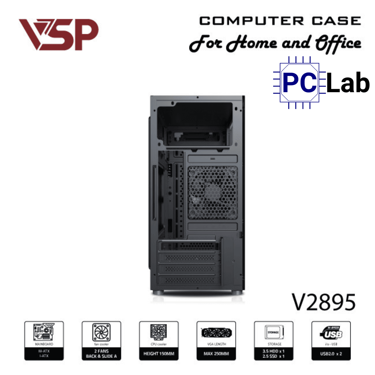 Vỏ case PC máy tính VSP V2895 (M-ATX, Mid Tower, Đen)