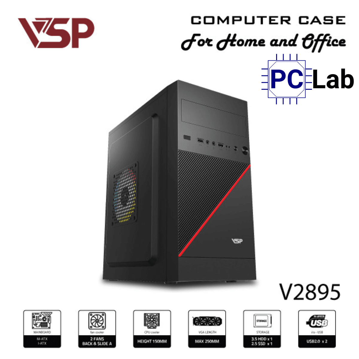 Vỏ case PC máy tính VSP V2895 (M-ATX, Mid Tower, Đen)