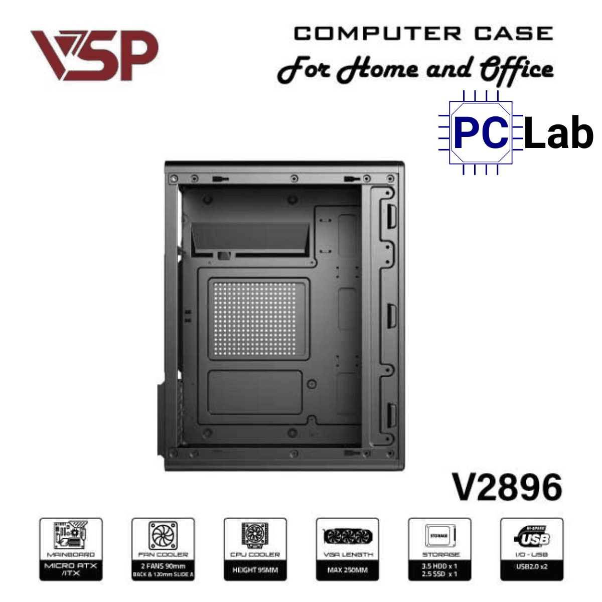Vỏ case PC máy tính VSP V2896 (M-ATX, Mid Tower, Đen)