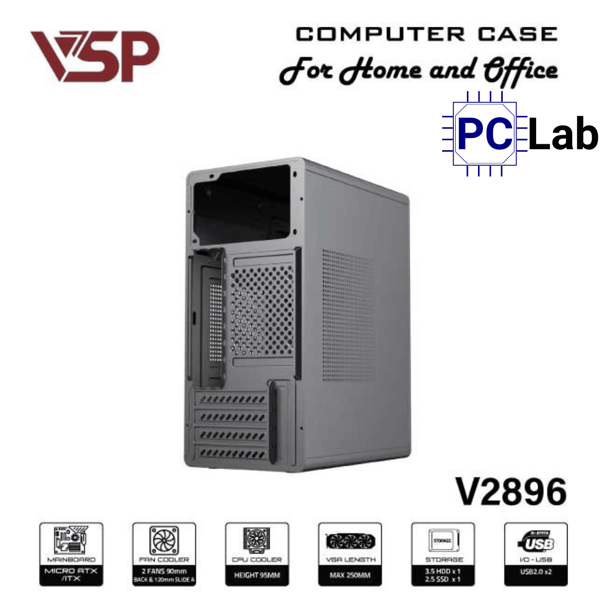 Vỏ case PC máy tính VSP V2896 (M-ATX, Mid Tower, Đen)