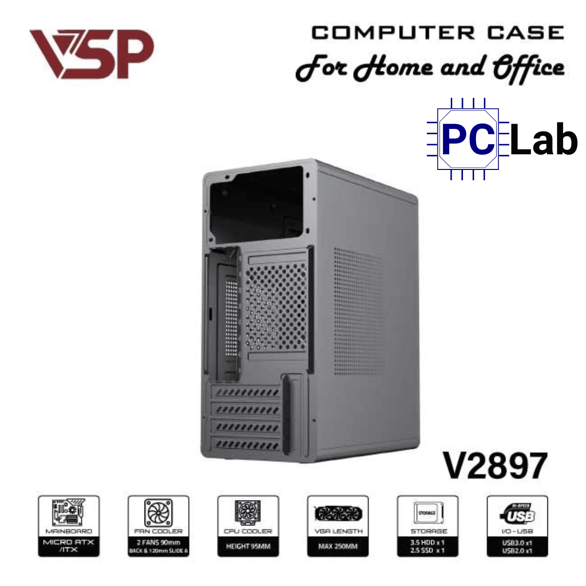 Vỏ case PC máy tính VSP V2897 (M-ATX, Mid Tower, Đen)