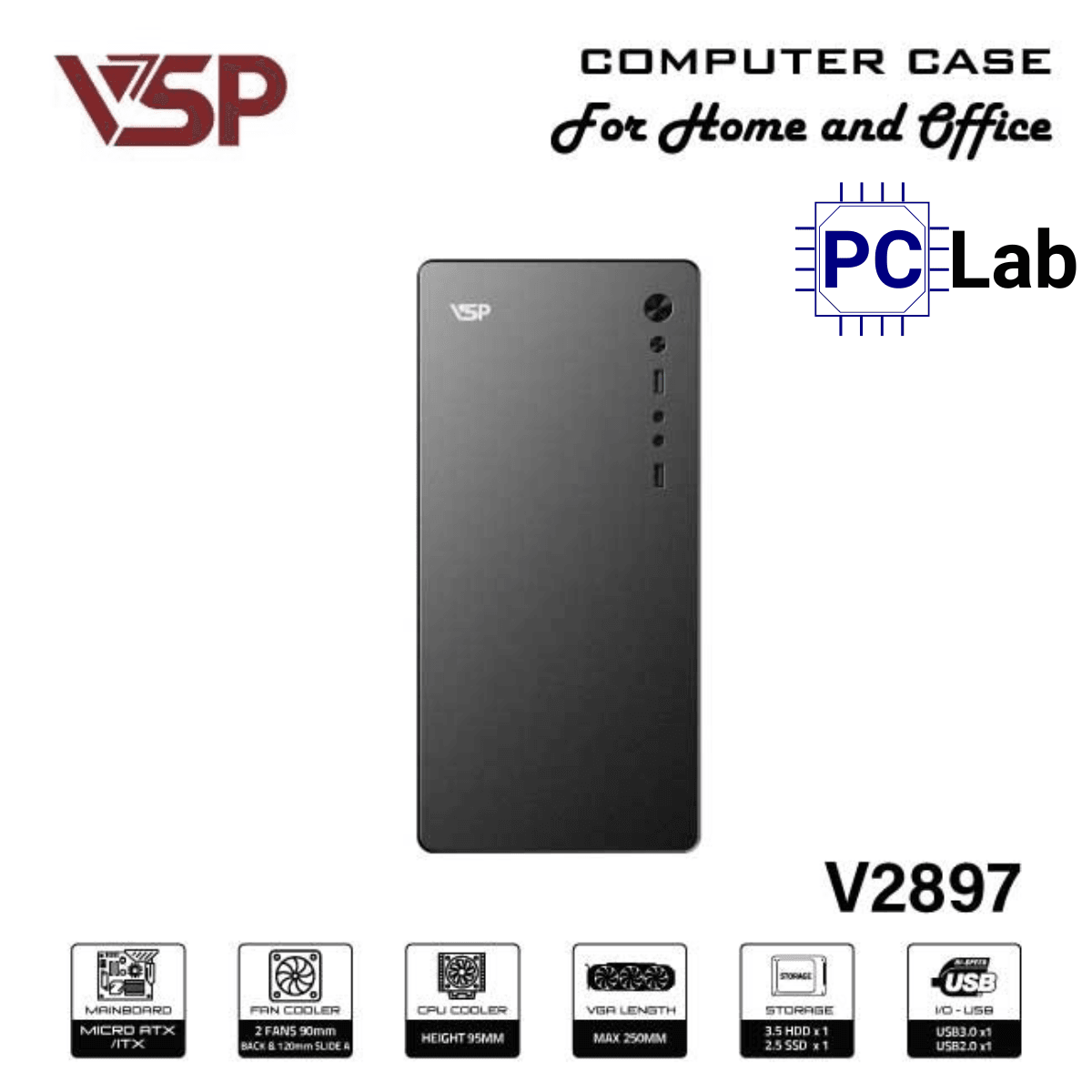 Vỏ case PC máy tính VSP V2897 (M-ATX, Mid Tower, Đen)