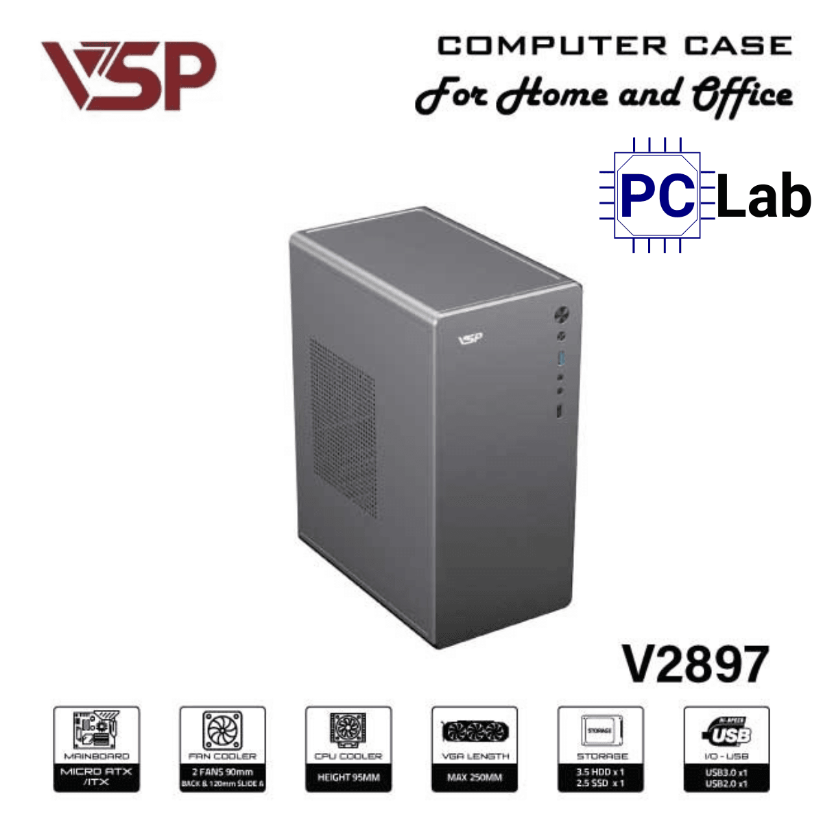 Vỏ case PC máy tính VSP V2897 (M-ATX, Mid Tower, Đen)