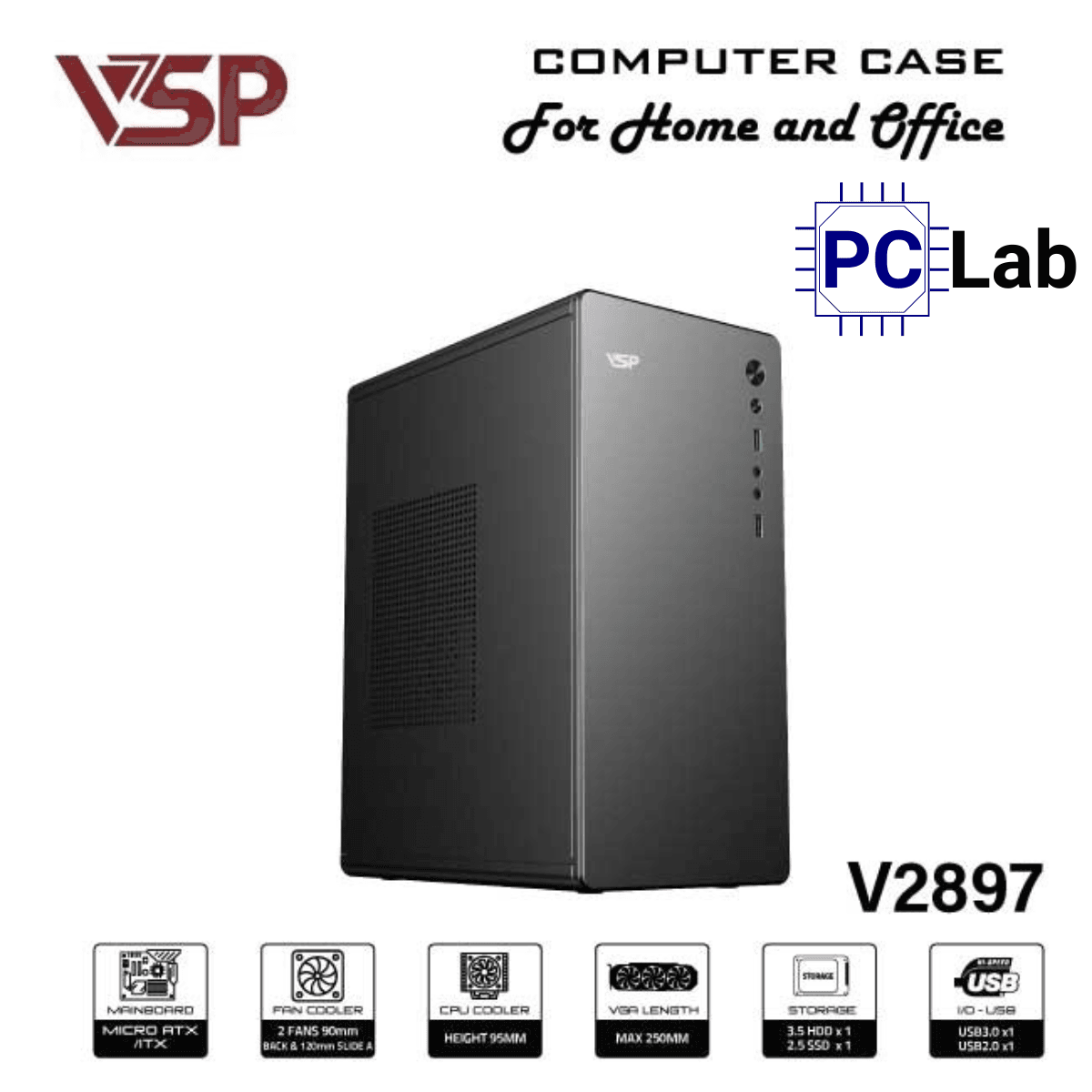 Vỏ case PC máy tính VSP V2897 (M-ATX, Mid Tower, Đen)