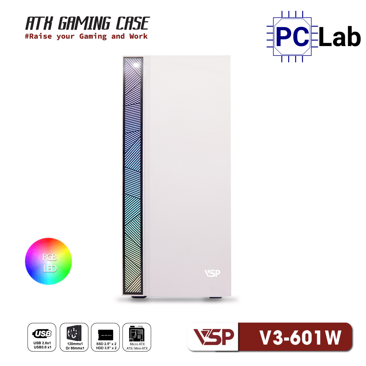 Vỏ case PC máy tính VSP V3-601 (ATX, Mid Tower, Trắng/Đen/Hồng)