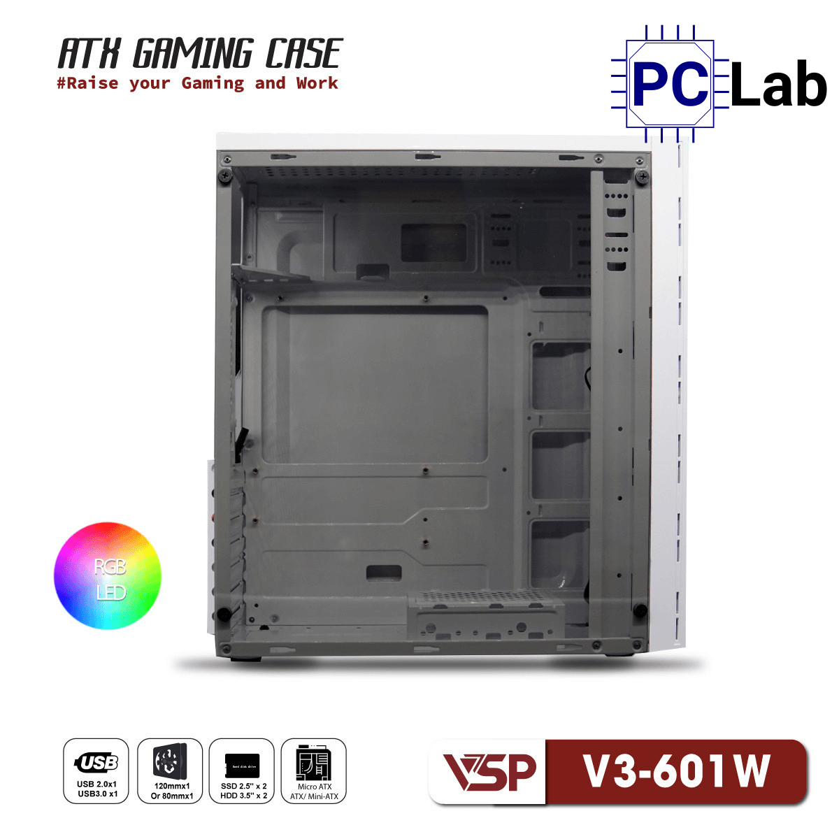 Vỏ case PC máy tính VSP V3-601 (ATX, Mid Tower, Trắng/Đen/Hồng)