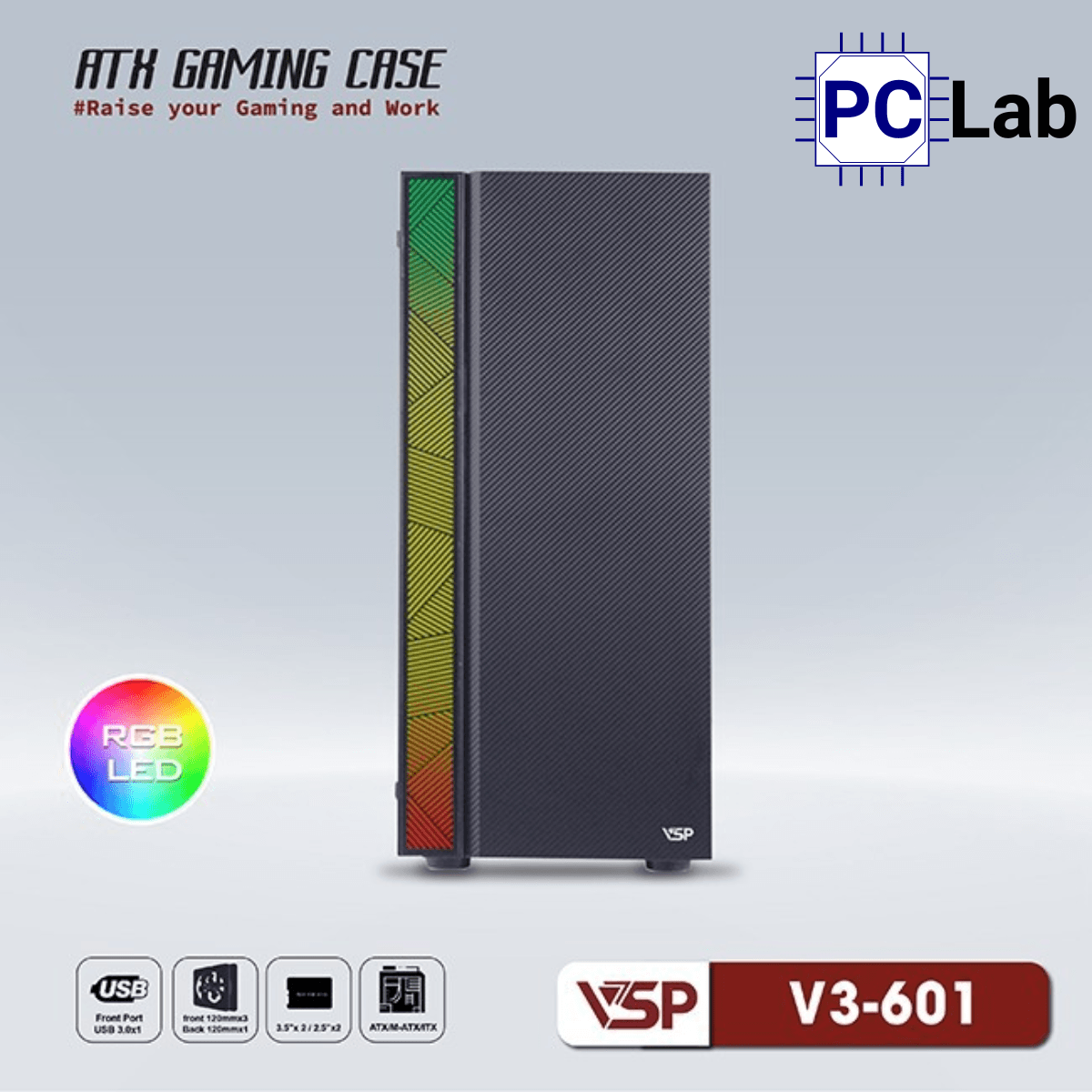 Vỏ case PC máy tính VSP V3-601 (ATX, Mid Tower, Trắng/Đen/Hồng)
