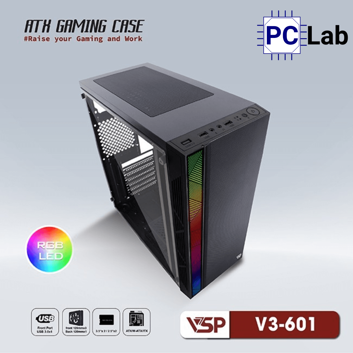 Vỏ case PC máy tính VSP V3-601 (ATX, Mid Tower, Trắng/Đen/Hồng)
