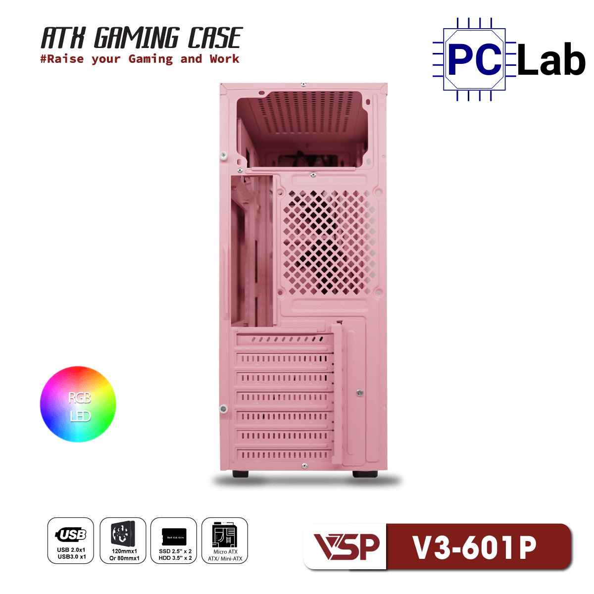 Vỏ case PC máy tính VSP V3-601 (ATX, Mid Tower, Trắng/Đen/Hồng)