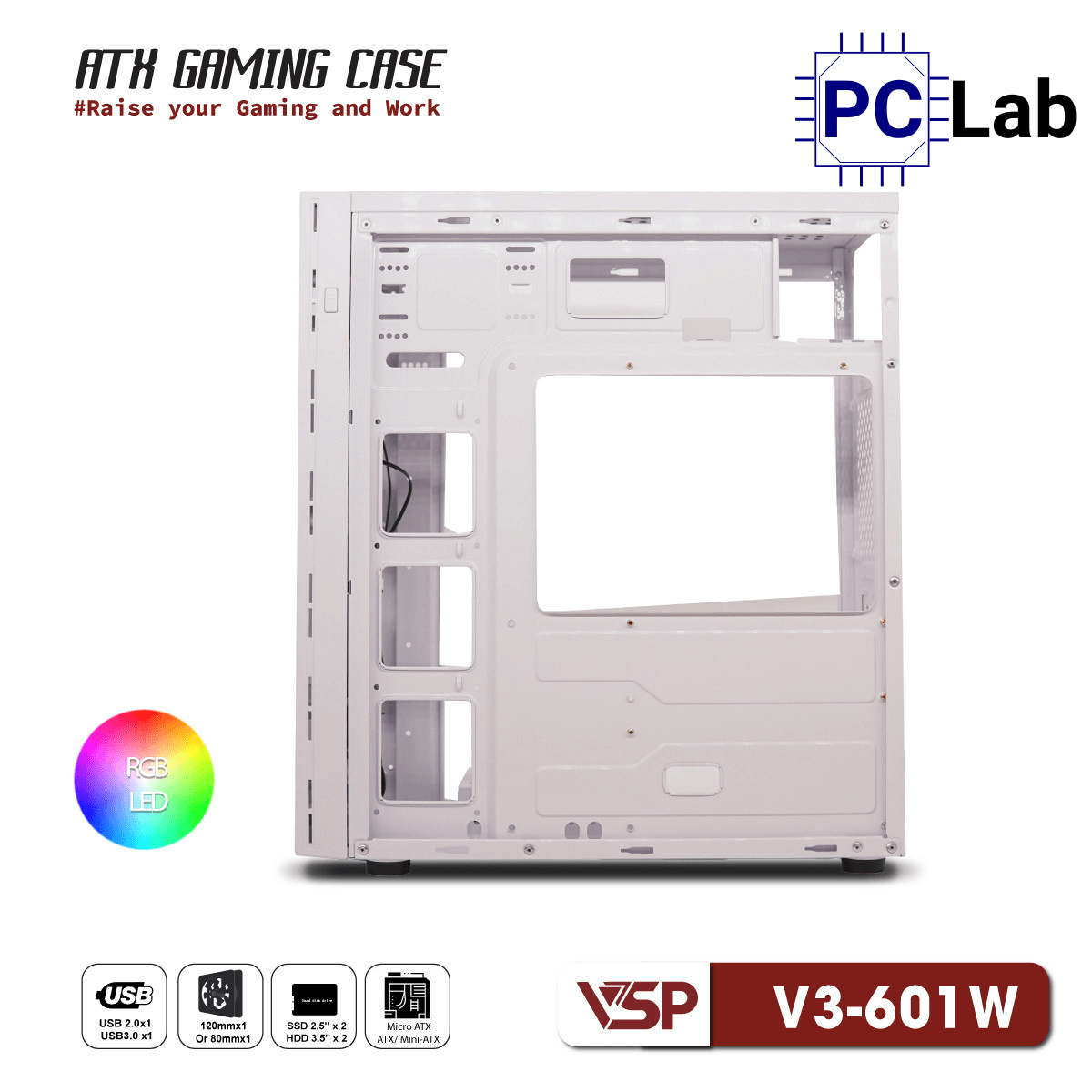 Vỏ case PC máy tính VSP V3-601 (ATX, Mid Tower, Trắng/Đen/Hồng)