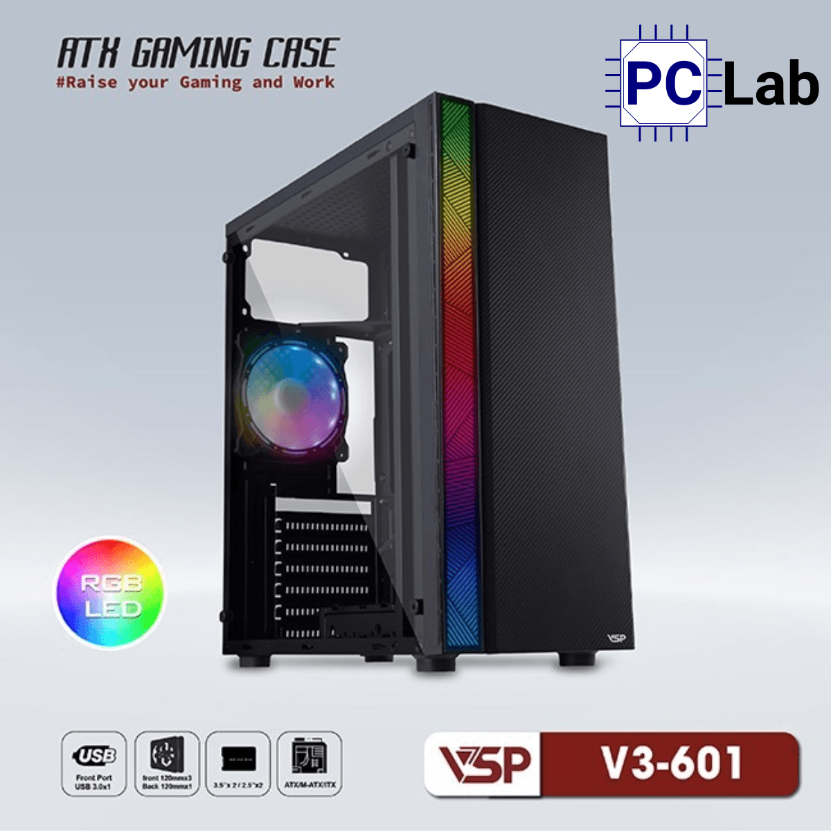 Vỏ case PC máy tính VSP V3-601 (ATX, Mid Tower, Trắng/Đen/Hồng)