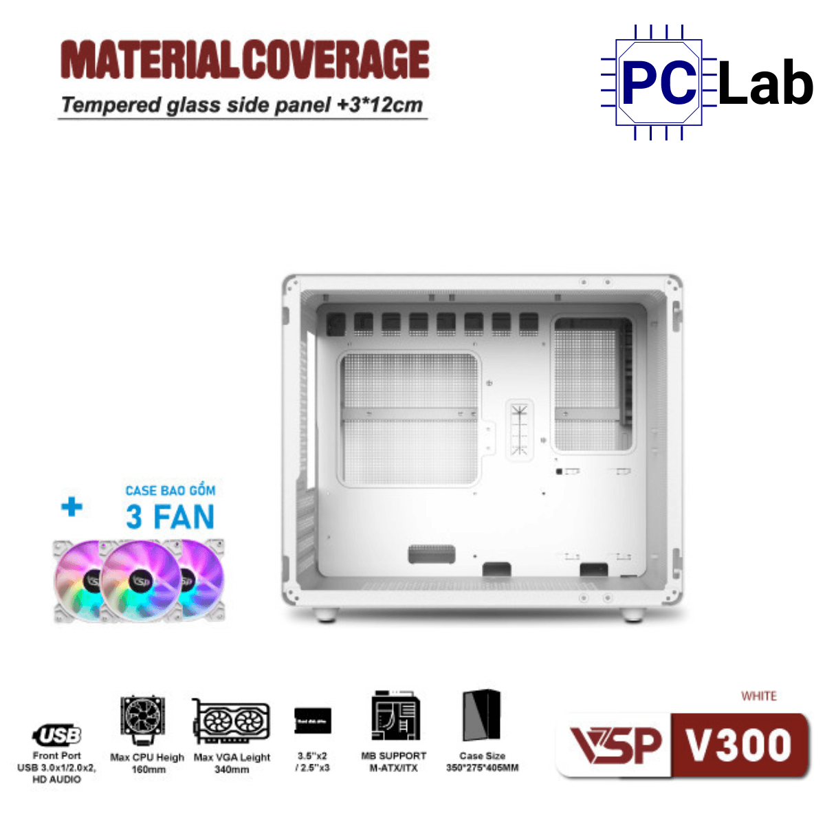 Vỏ case PC máy tính VSP V300 (M-ATX, Mini Tower, Trắng/Đen)