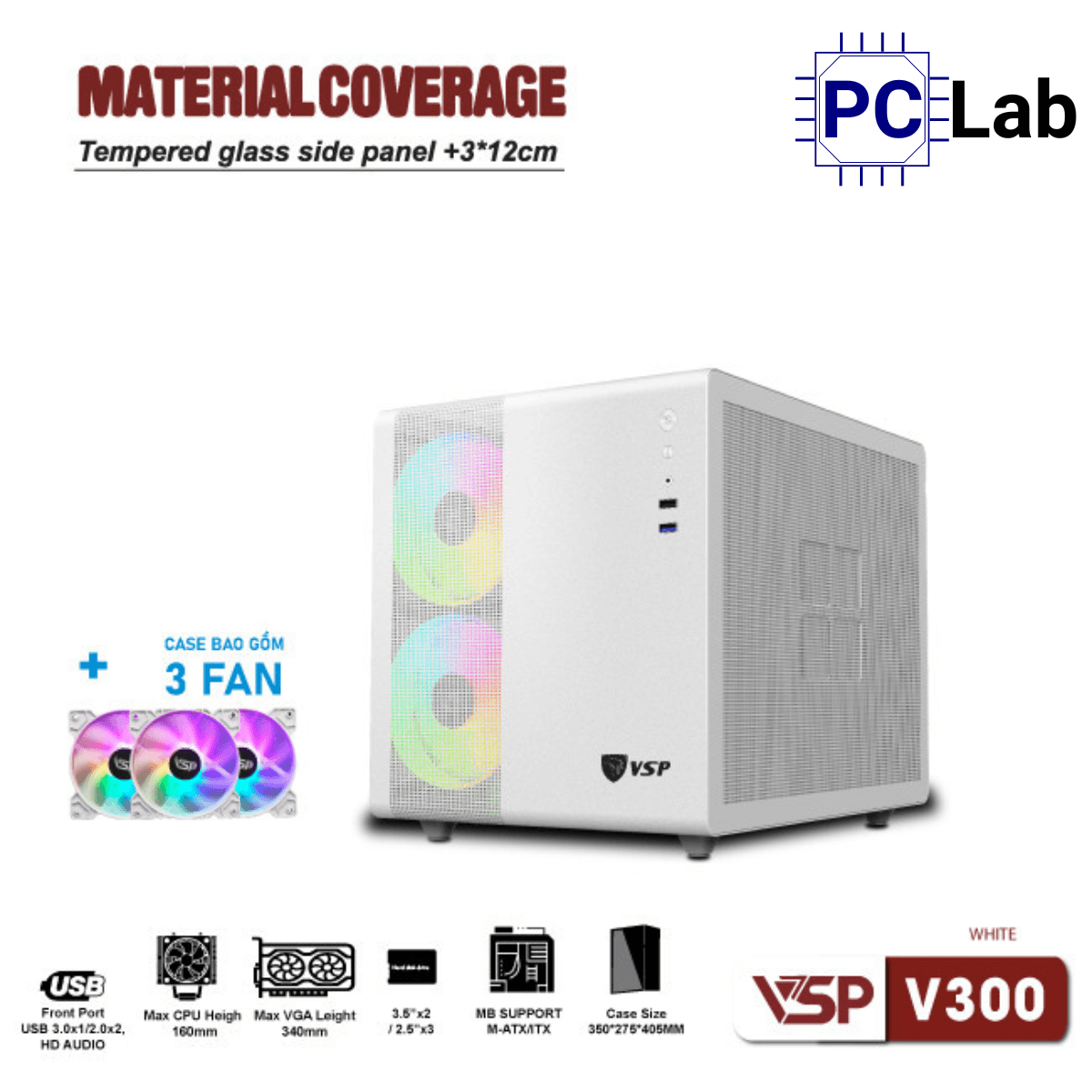 Vỏ case PC máy tính VSP V300 (M-ATX, Mini Tower, Trắng/Đen)