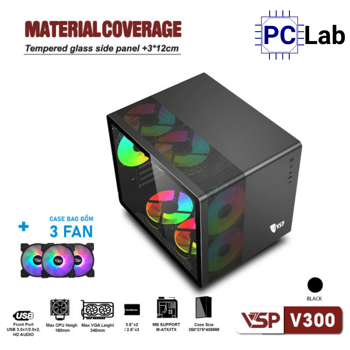 Vỏ case PC máy tính VSP V300 (M-ATX, Mini Tower, Trắng/Đen)