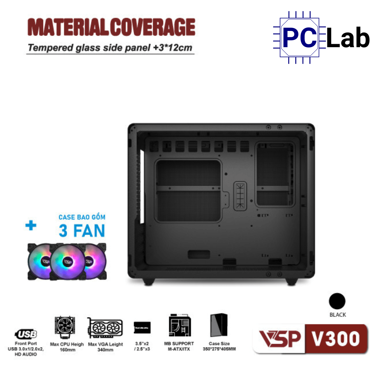 Vỏ case PC máy tính VSP V300 (M-ATX, Mini Tower, Trắng/Đen)
