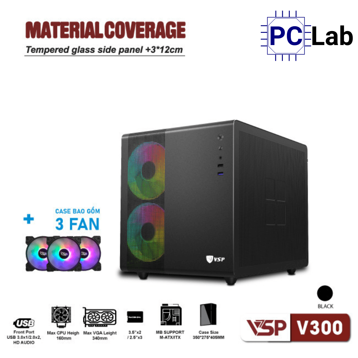 Vỏ case PC máy tính VSP V300 (M-ATX, Mini Tower, Trắng/Đen)