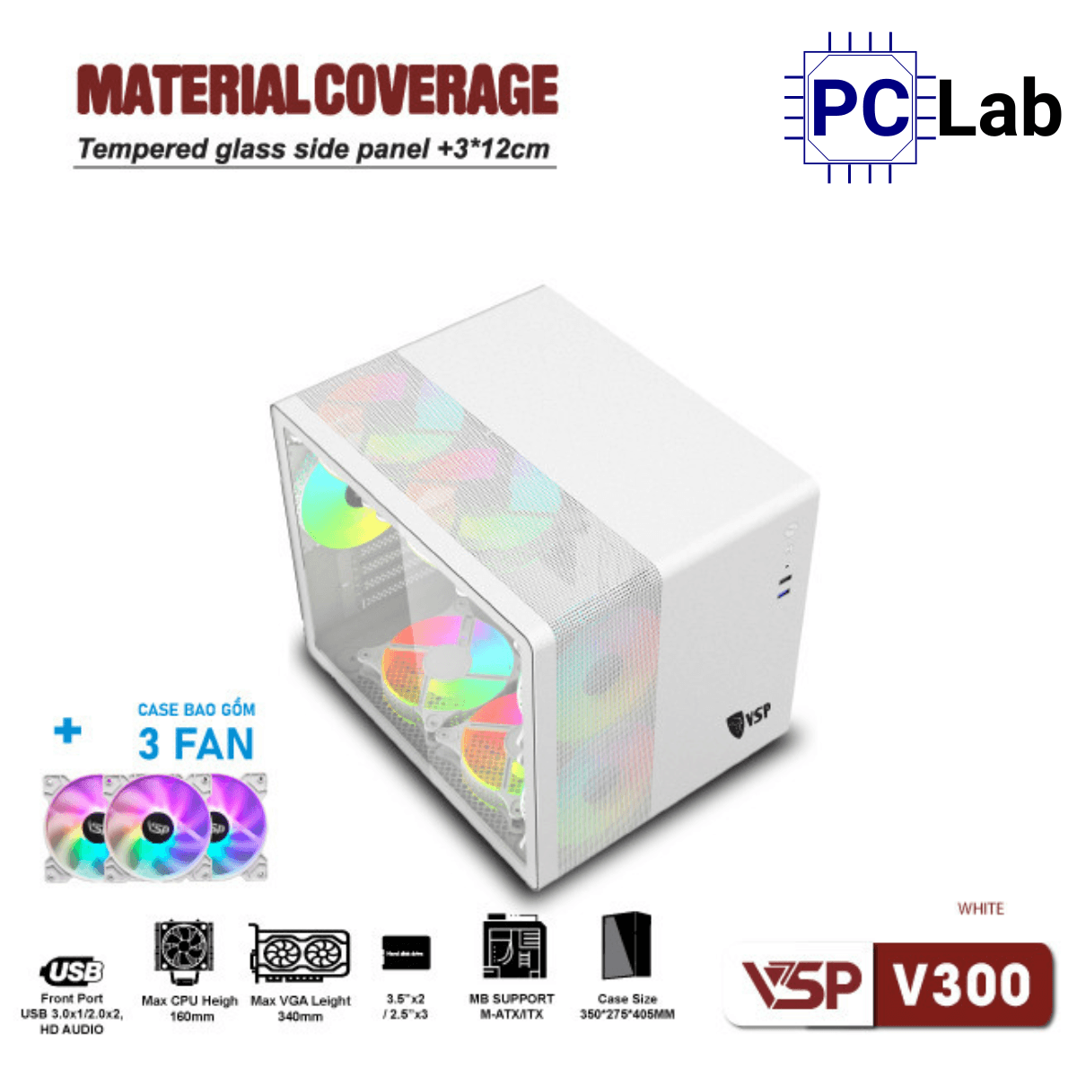 Vỏ case PC máy tính VSP V300 (M-ATX, Mini Tower, Trắng/Đen)