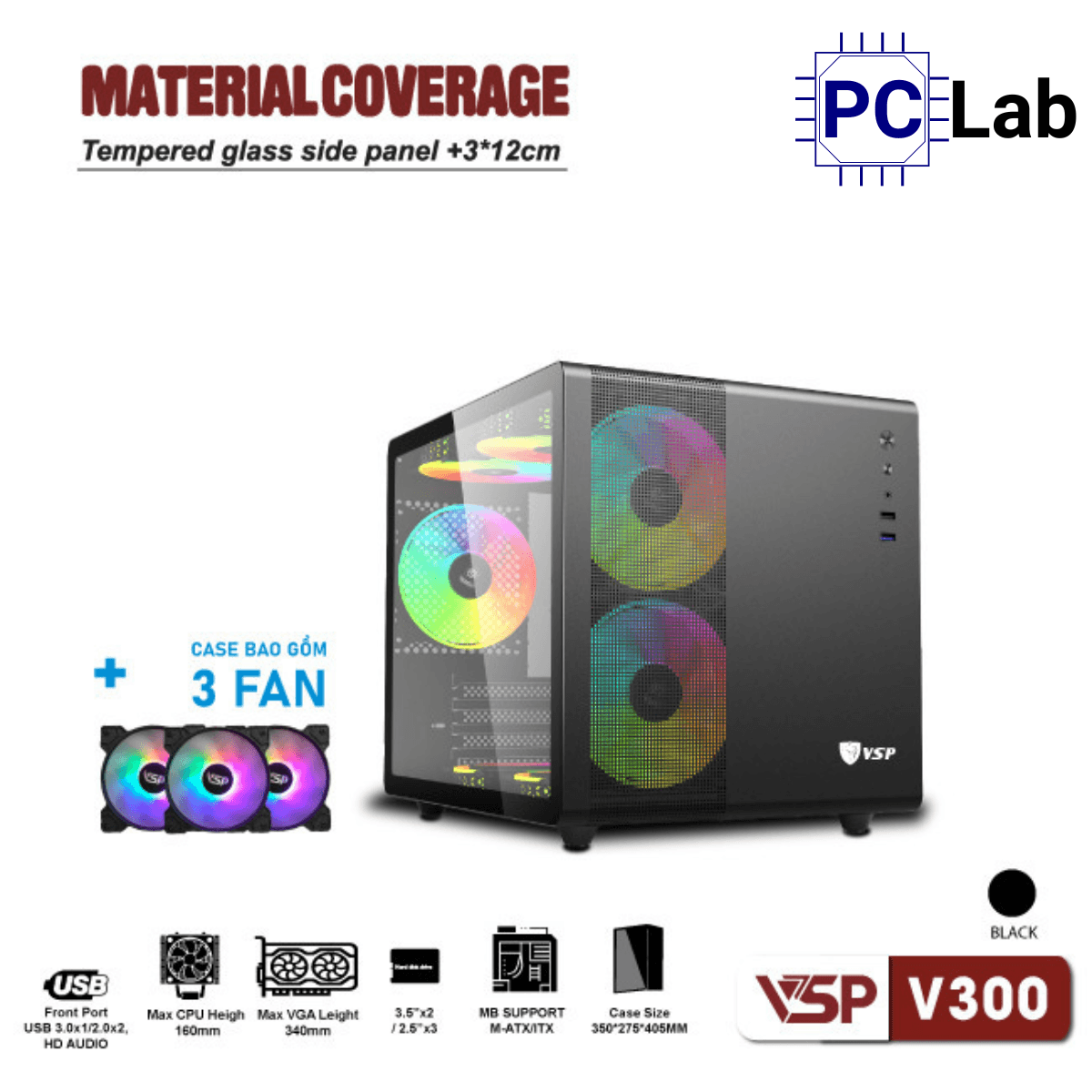 Vỏ case PC máy tính VSP V300 (M-ATX, Mini Tower, Trắng/Đen)