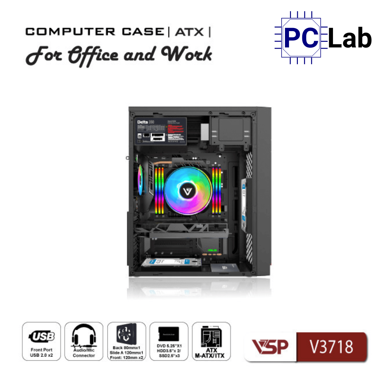 Vỏ case PC máy tính VSP V3718 (ATX, Mid Tower, Đen)