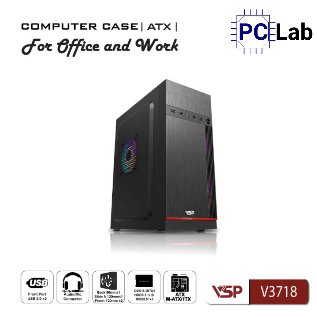 Vỏ case PC máy tính VSP V3718 (ATX, Mid Tower, Đen)