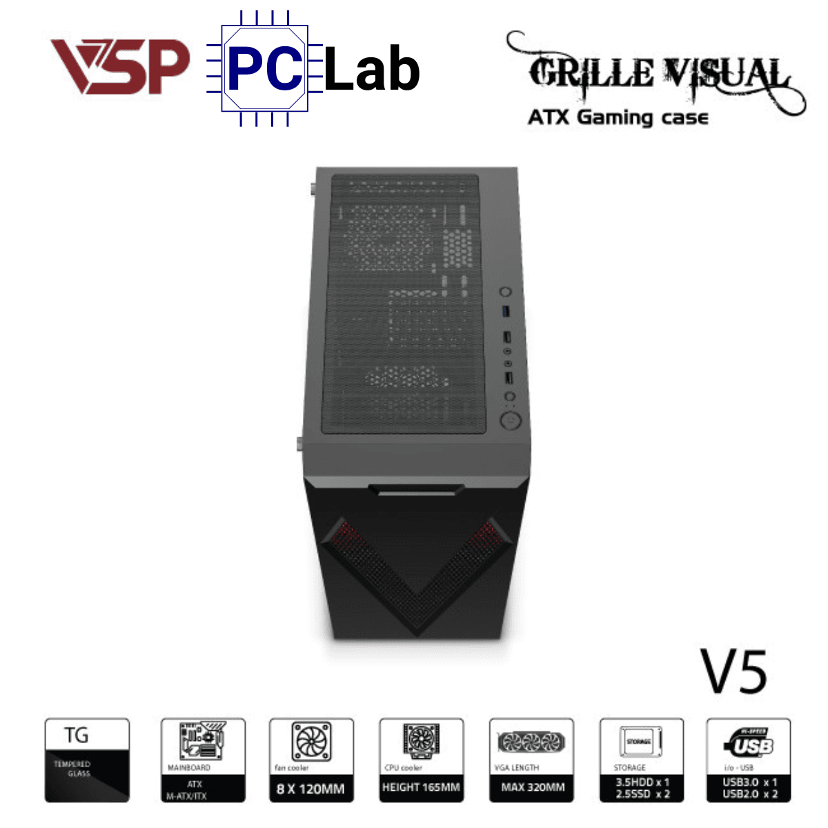 Vỏ case PC máy tính VSP V5 (ATX, Mid Tower, Đen)