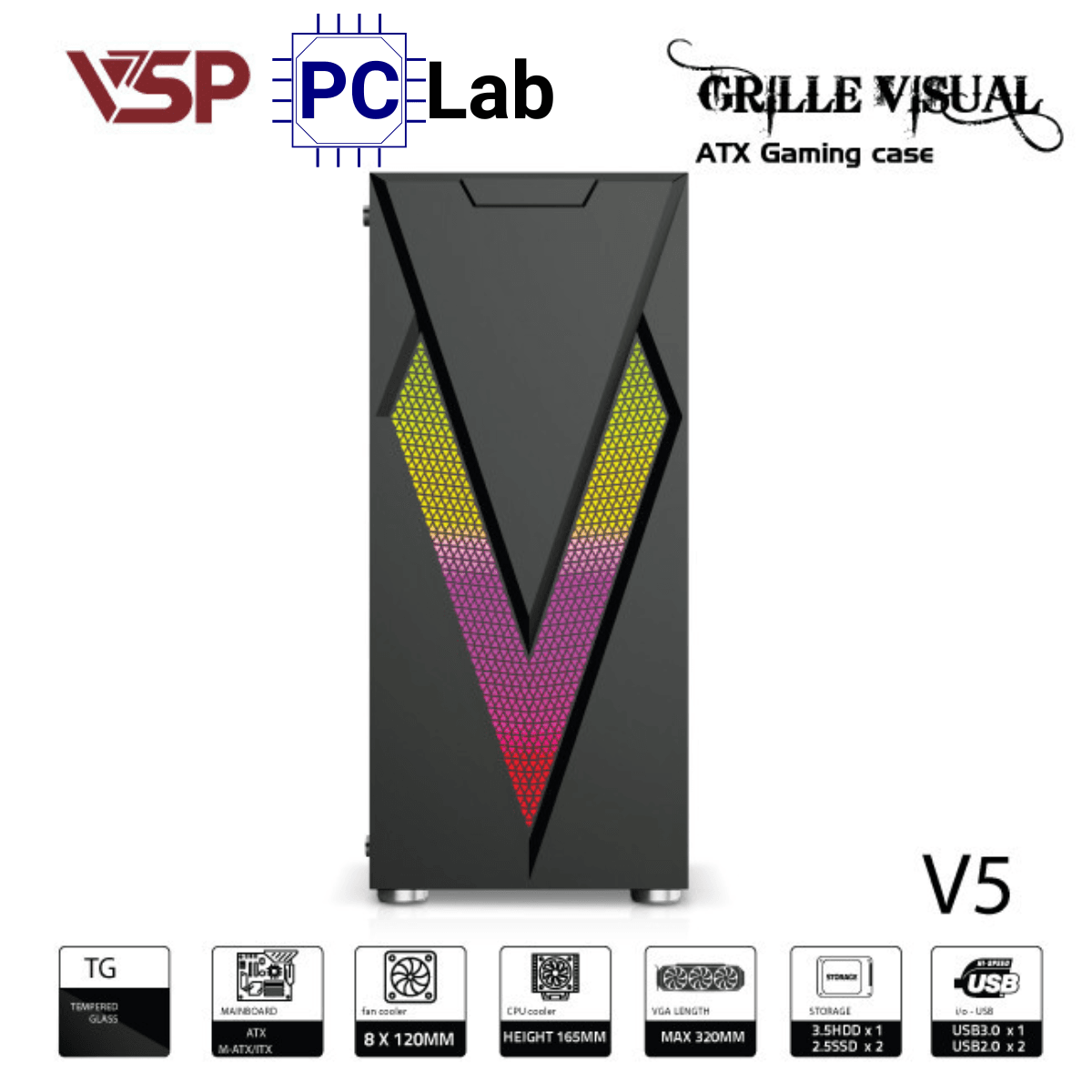 Vỏ case PC máy tính VSP V5 (ATX, Mid Tower, Đen)