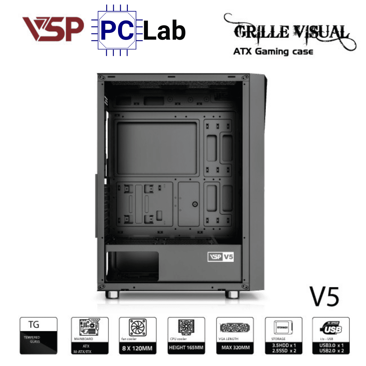 Vỏ case PC máy tính VSP V5 (ATX, Mid Tower, Đen)