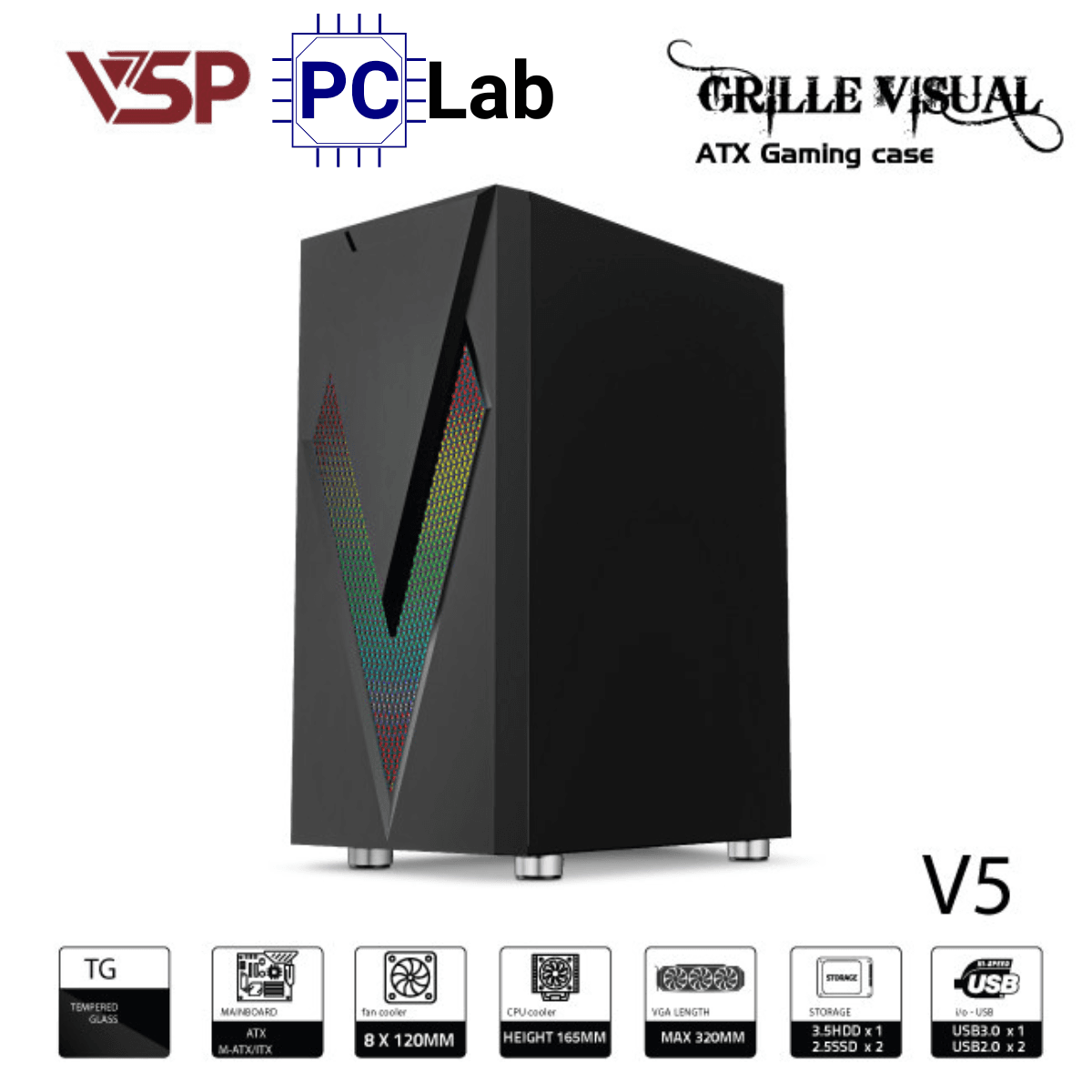 Vỏ case PC máy tính VSP V5 (ATX, Mid Tower, Đen)