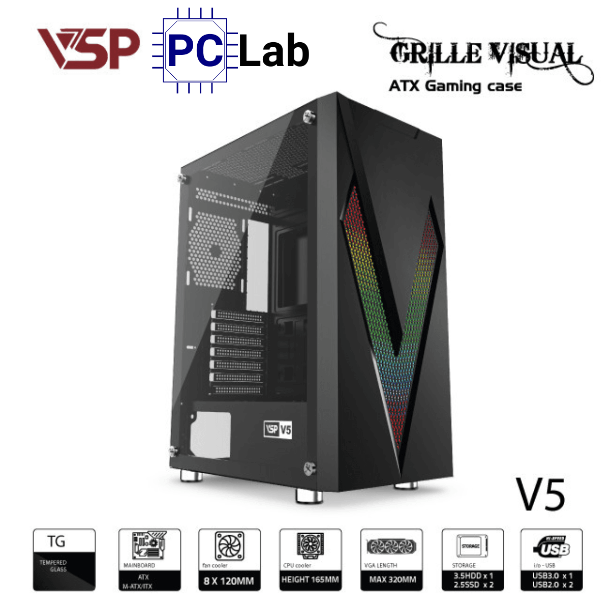 Vỏ case PC máy tính VSP V5 (ATX, Mid Tower, Đen)