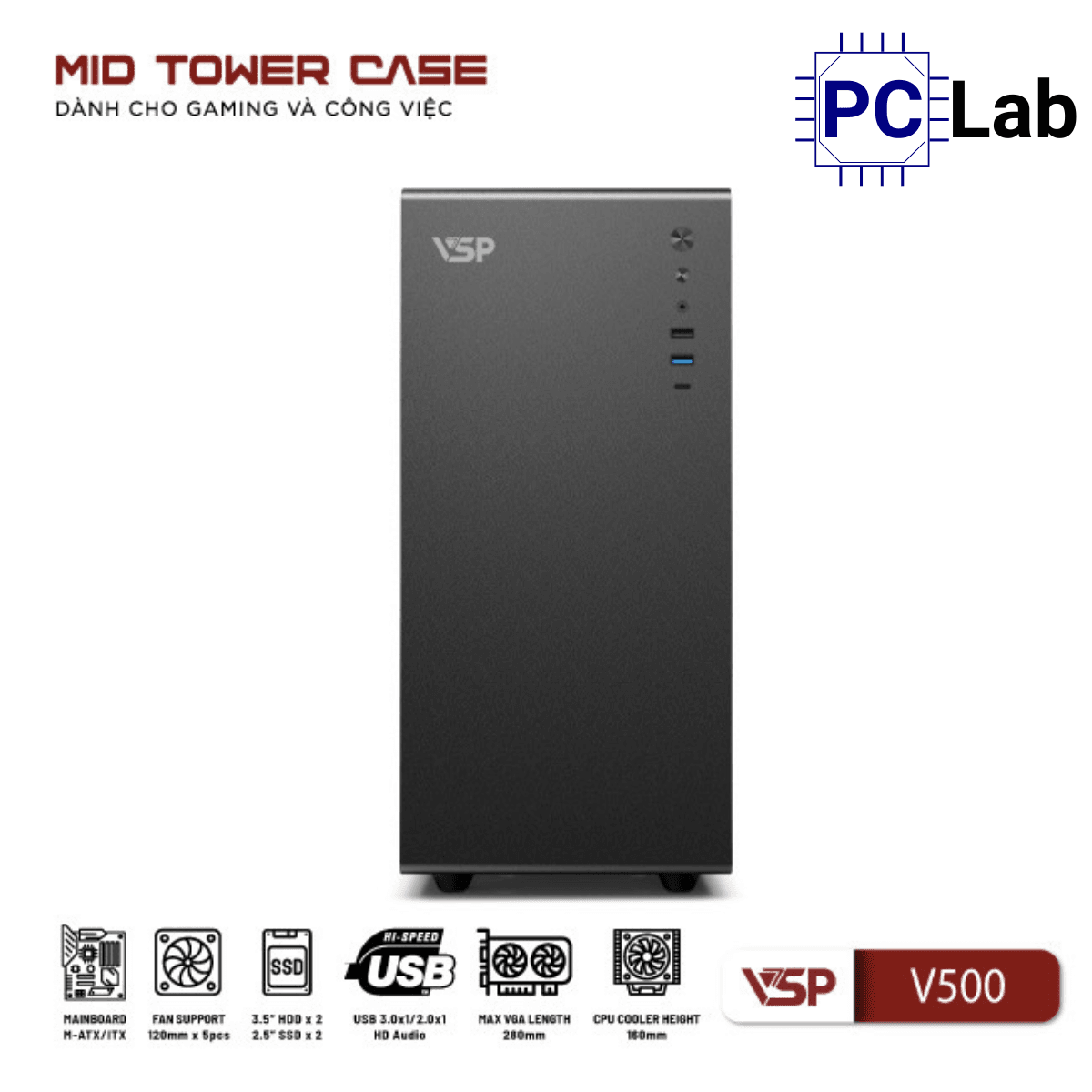 Vỏ case PC máy tính VSP V500 (M-ATX, Mid Tower, Trắng/Đen)