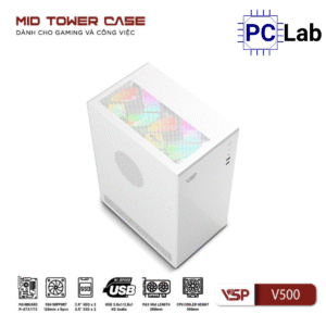 Vỏ case PC máy tính VSP V500 (M-ATX, Mid Tower, Trắng/Đen)
