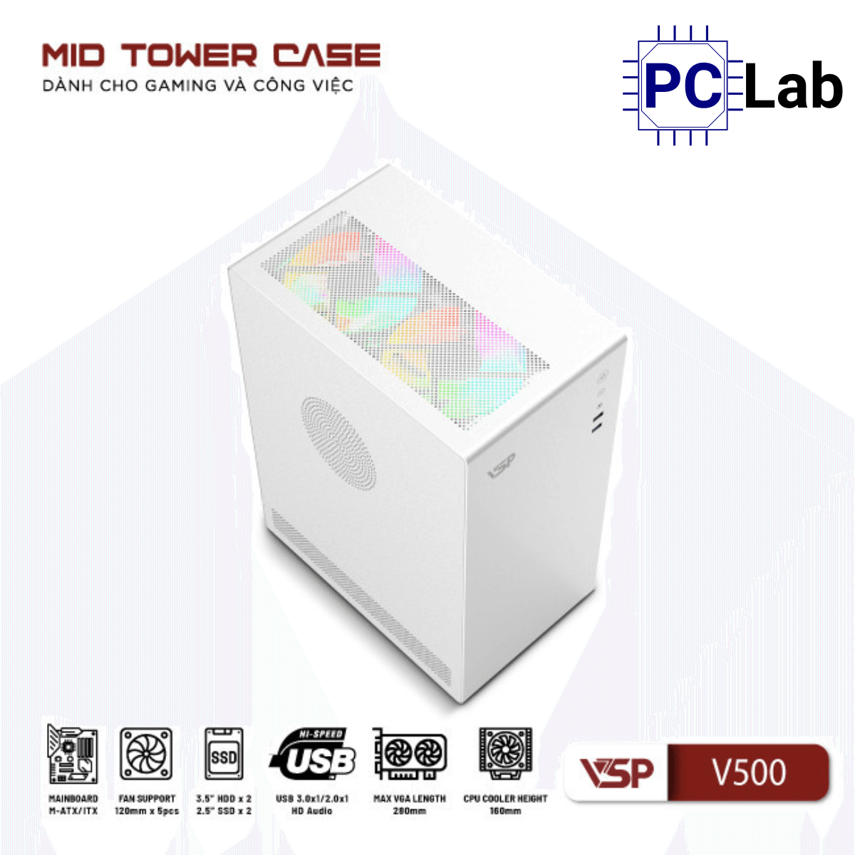 Vỏ case PC máy tính VSP V500 (M-ATX, Mid Tower, Trắng/Đen)