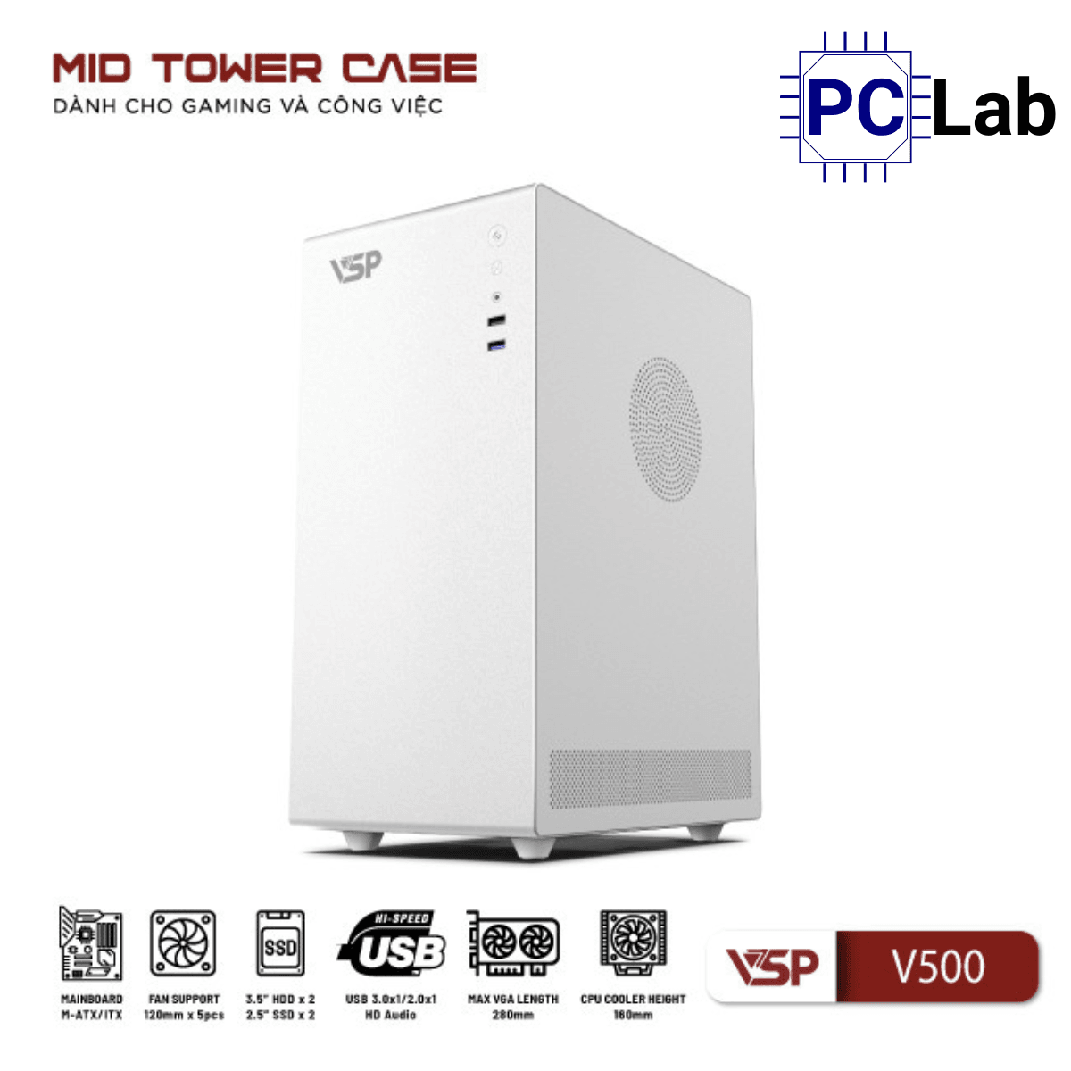 Vỏ case PC máy tính VSP V500 (M-ATX, Mid Tower, Trắng/Đen)