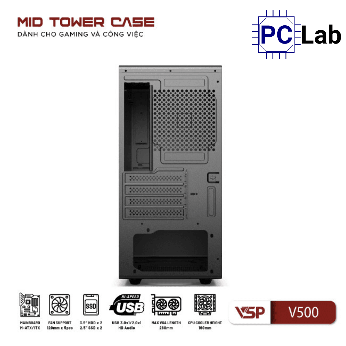Vỏ case PC máy tính VSP V500 (M-ATX, Mid Tower, Trắng/Đen)