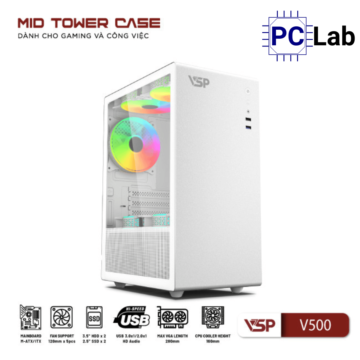 Vỏ case PC máy tính VSP V500 (M-ATX, Mid Tower, Trắng/Đen)