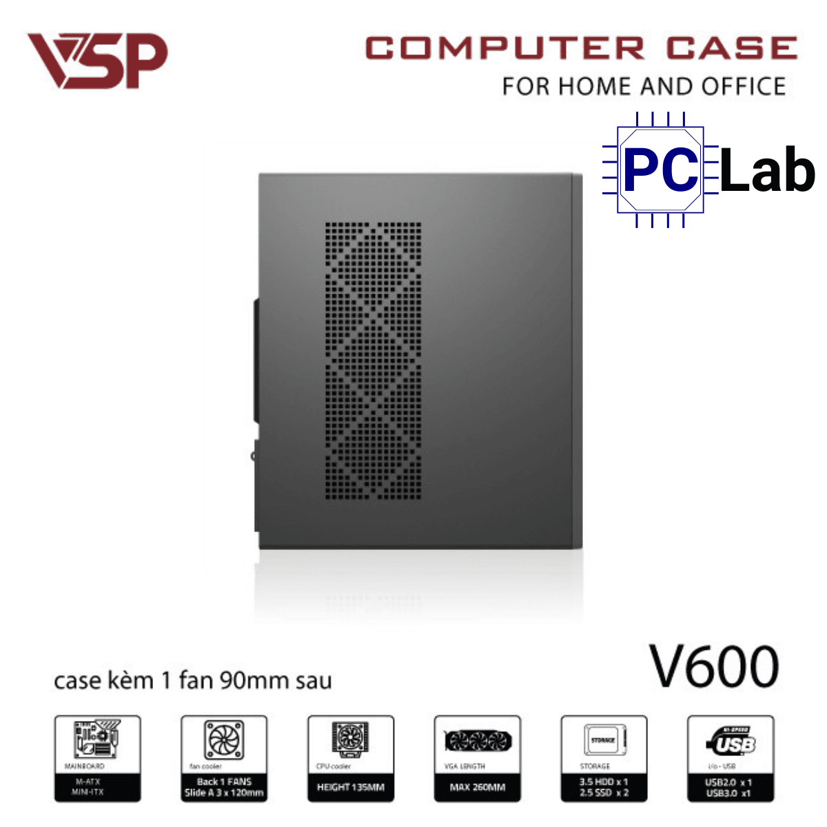 Vỏ case PC máy tính VSP V600 (M-ATX, Mid Tower, Đen)