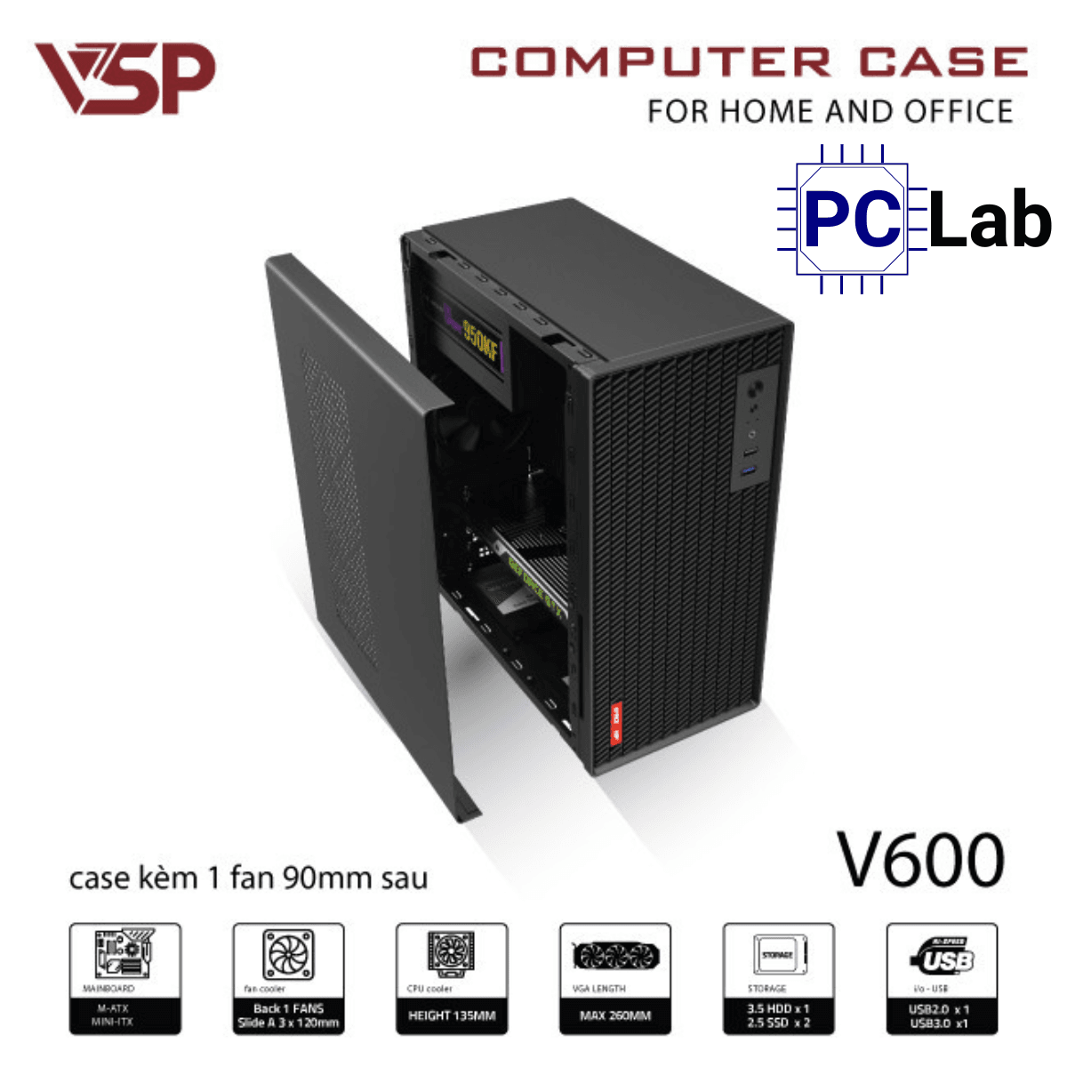 Vỏ case PC máy tính VSP V600 (M-ATX, Mid Tower, Đen)