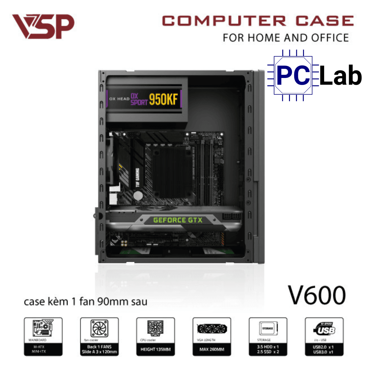 Vỏ case PC máy tính VSP V600 (M-ATX, Mid Tower, Đen)