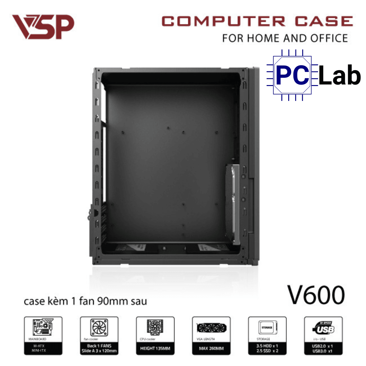Vỏ case PC máy tính VSP V600 (M-ATX, Mid Tower, Đen)
