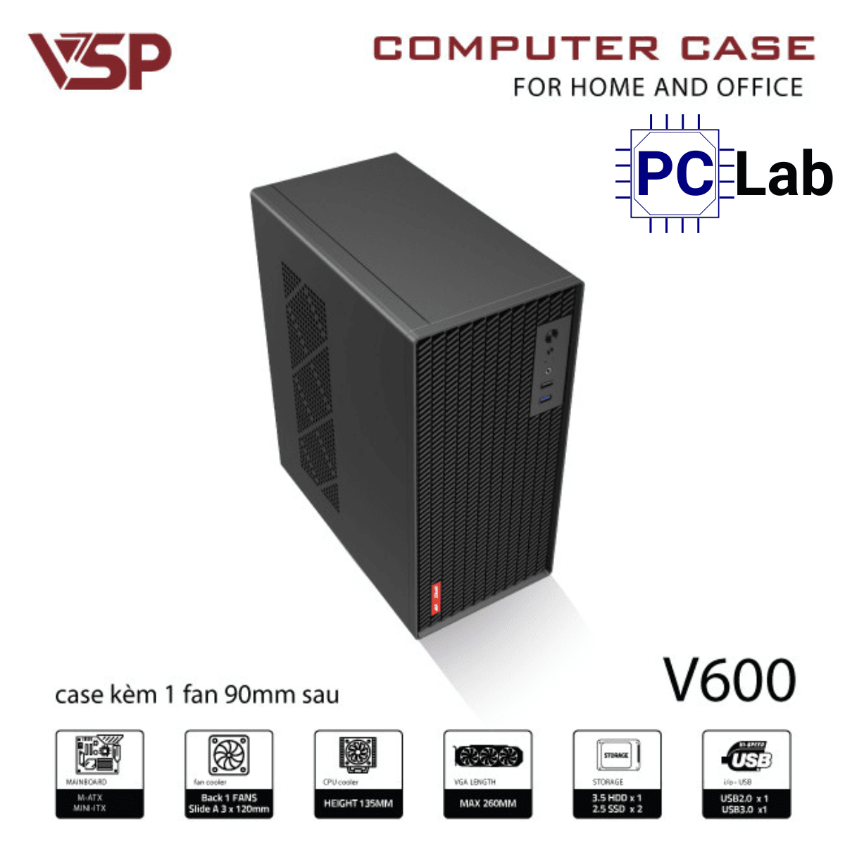 Vỏ case PC máy tính VSP V600 (M-ATX, Mid Tower, Đen)