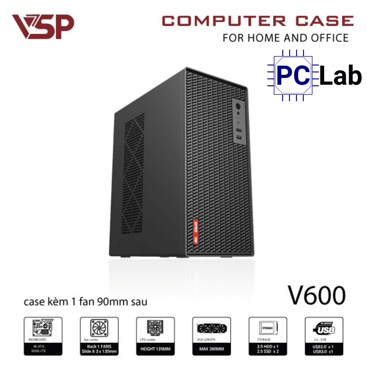 Vỏ case PC máy tính VSP V600 (M-ATX, Mid Tower, Đen)