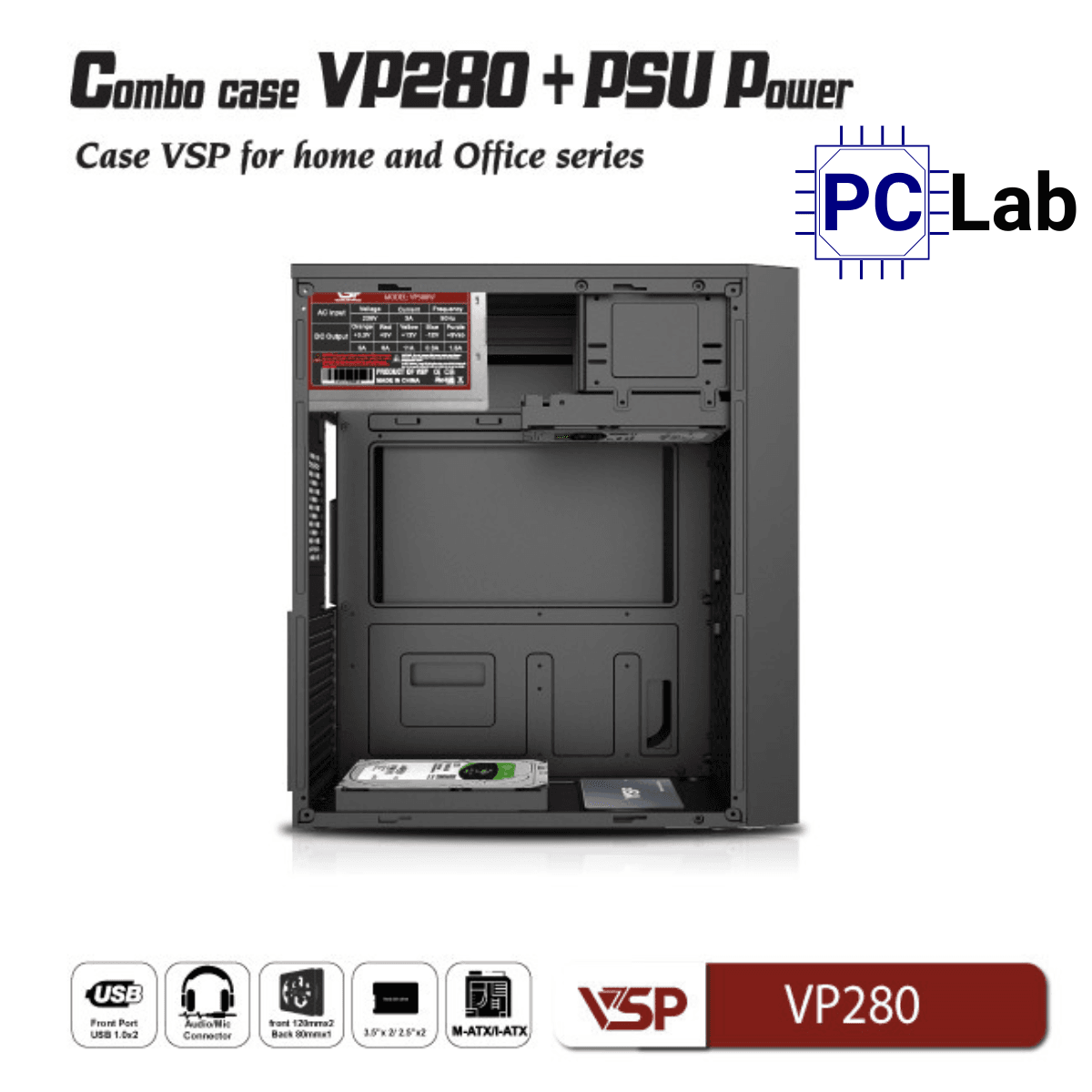 Vỏ case PC máy tính VSP VP280 (ATX, Mid Tower, Đen)