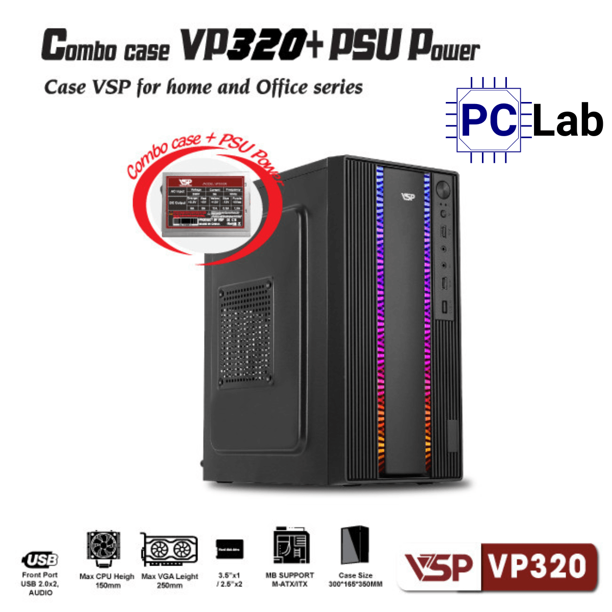 Vỏ case PC máy tính VSP VP320 (ATX, Mid Tower, Đen)