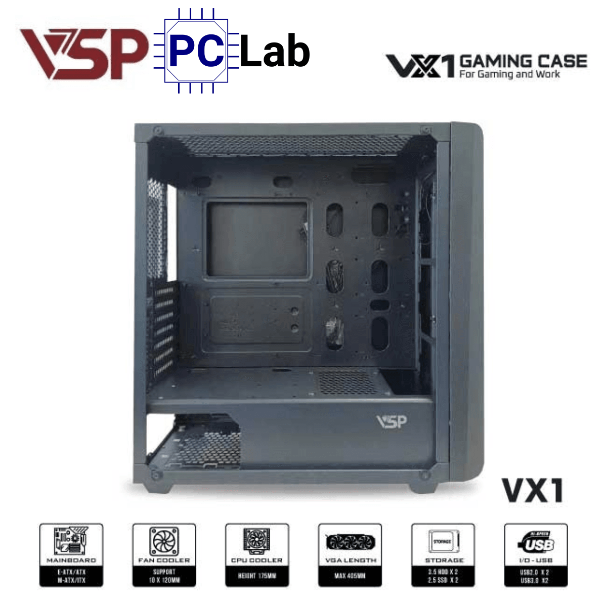 Vỏ case PC máy tính VSP VX1 (E-ATX, Full Tower, Đen)